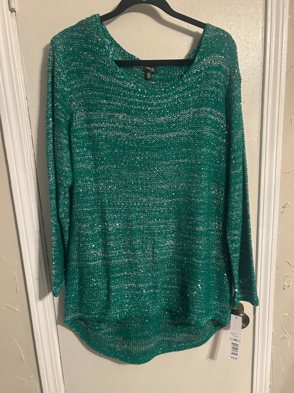 Rafaella Emerald Teal Scoop Neck Metallic Thread Sweater